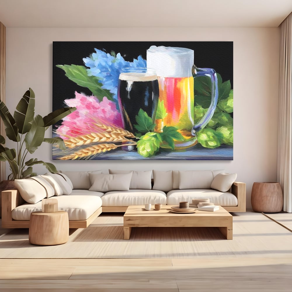 Tablou canvas cu tablou canvas cu bere si flori, fara rama, pe sasiu de lemn, pe perete intr-un living